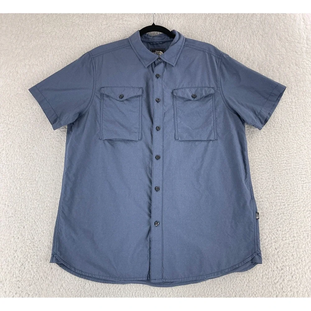 The North Face Button-Up Shirt Mens Size Large Blue Short Sleeve Pocket Casual